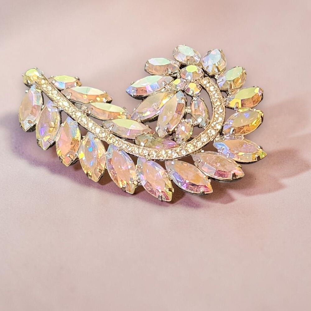 VTG AB Rhinestone Floral Leaf Brooch Pin Large 3" Silver Tone Estate Wedding
